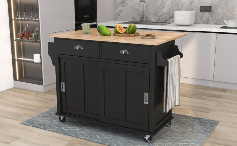 Kitchen Cart with Rubber wood Drop-Leaf Countertop, Concealed sliding barn door adjustable height Kitchen Cart with Rubber wood Drop-Leaf Countertop, Concealed sliding barn door adjustable height